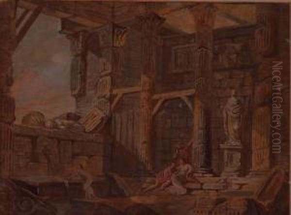 Vue Interieure Dun Cirque Romain Enruine (le Colisee ?) Oil Painting by Charles Louis Clerisseau