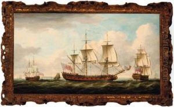 The East Indiaman Northumberland In Three Positions, With Othershipping Off The Downs Oil Painting by John the Younger Cleveley