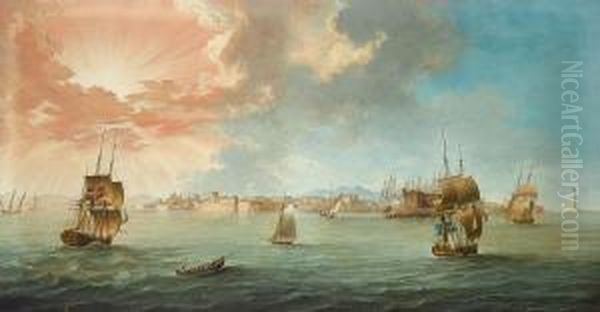 English Danish And Swedish 
Merchantmen Amongst Mediterranean Craft Off The 
Port Of Leghorn Gulf Of Genoa At Sunset Oil Painting by John the Younger Cleveley