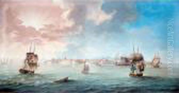 English, Danish And Swedish 
Merchantmen Amongst Mediterranean Craft Off The Port Of Leghorn, Gulf Of
 Genoa, At Sunset Oil Painting by John the Younger Cleveley