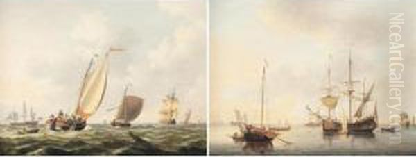 A Dutch Schuyt And Other 
Shipping In A Still Breeze; A Collier And A Fishing Boat In A Calm Sea Oil Painting by John the Younger Cleveley