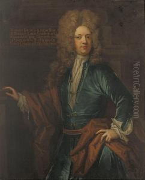 Portrait Of Francis, 2nd Lord 
Guilford (1673-1729),three-quarter-length, In A Blue Velvet Coat With 
Jewelledfastenings, And An Ochre Wrap, Before A Column Oil Painting by Johann Closterman