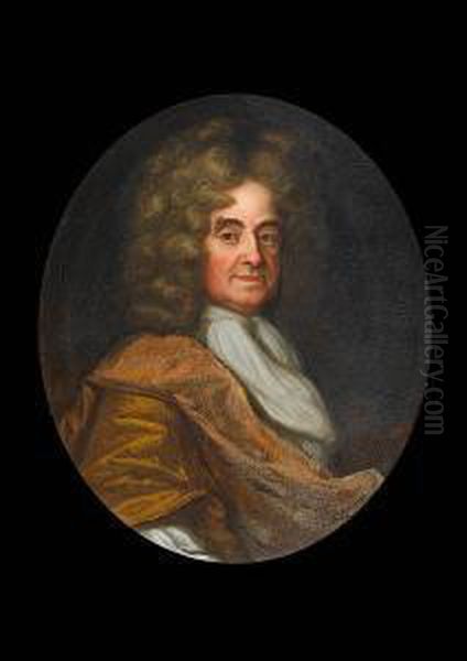 Portrait Of A Gentleman, Said To
 Be George Nodes, Bust-length, In A Gold Wrap; And Portrait Of A Lady, 
Said To Be Ann Nodes, In A Gold Dress With A White Chemise And A Blue, 
Gold-trimmed Wrap Oil Painting by Johann Closterman