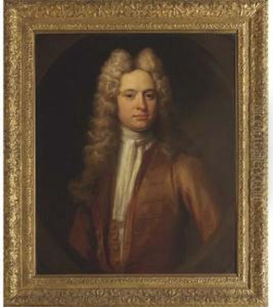 Portrait Of A Gentleman, 
Half-length, In A Brown Coat And Waistcoat And A White Stock, Feigned 
Oval Oil Painting by Johann Closterman