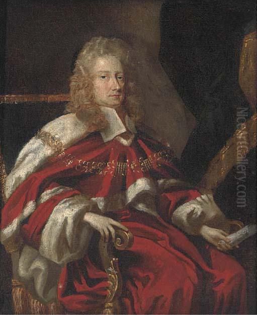 Portrait Of George Jeffreys, 1st
 Baron Jeffreys Of Wem (1648-1689),small Seated Three-quarter Length, In
 Robes Oil Painting by Johann Closterman