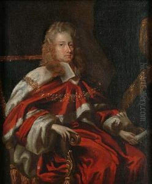 Portrait Of George Jeffreys, 1st
 Baron Jeffreys Of Wem (1648-1689), Seated Small Three-quarter-length, 
In Judges Robes, Holding A Scroll Oil Painting by Johann Closterman