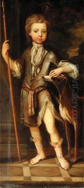 Portrait Of A Boy, Full Length, 
Holding A Staff Beside A Dog On Aterrace; And Portrait Of A Girl, Full 
Length, In A Satin Dress Andblue Cloak Oil Painting by Johann Closterman