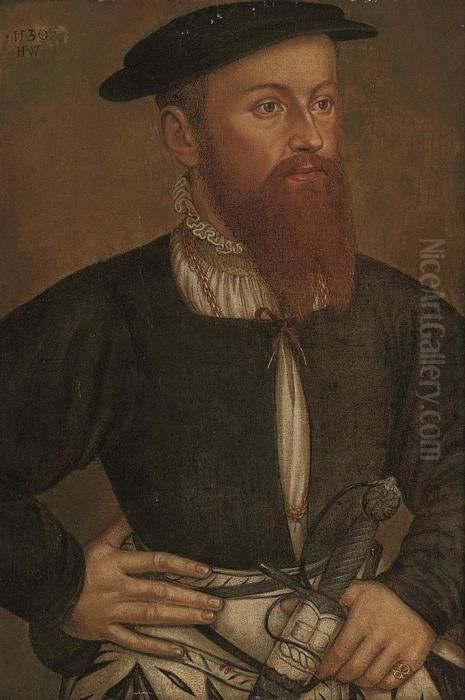 Portrait Of A Gentleman, 
Half-length, In A Black Doublet And Cap, Asword In His Left Hand Oil Painting by Francois Clouet