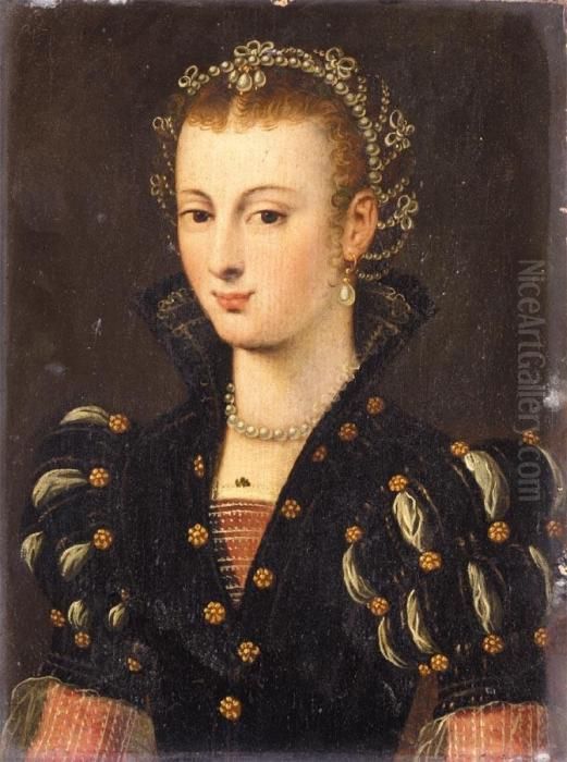 Portrait Of A Noblewoman Half Length Wearing A Black 

 Dress And An Elaborate Headress Said To Be Elisabeth De 

 Valois Oil Painting by Francois Clouet