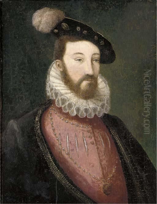 Portrait Of A Bearded Nobleman, 
In A Pink Slashed Doublet With Awhite Ruff And A Black Jacket, Wearing A
 Medallion And A Black Capwith A Plume Oil Painting by Francois Clouet