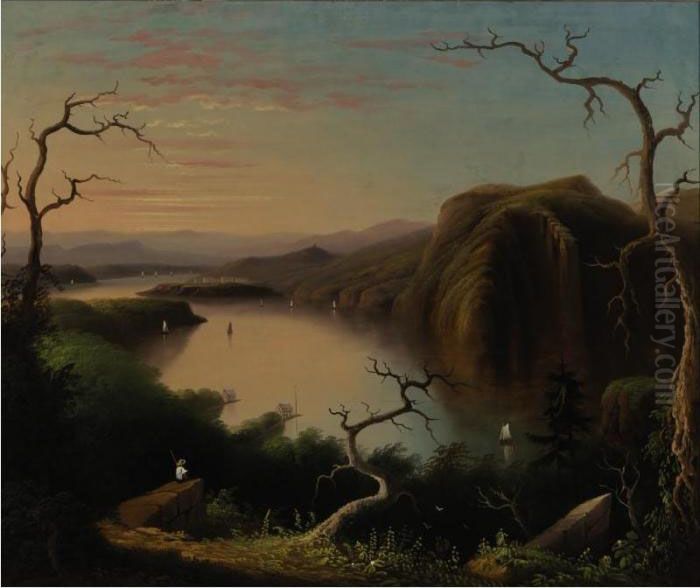 Crow's Nest From Bull Point
 Boy Fishing At Sunset Along The Hudson River Oil Painting by Edmund C. Coates
