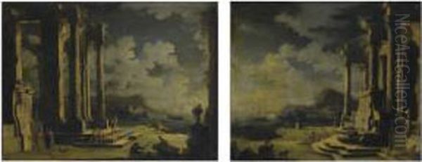 Capriccio Architettonico Con 
Figure; E Capriccio Architettonico Con Figure Presso Una Fontana Oil Painting by Leonardo Coccorant