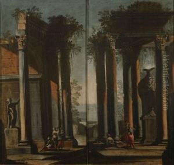 Due Capricci Architettonici Con Rovine Oil Painting by Leonardo Coccorant