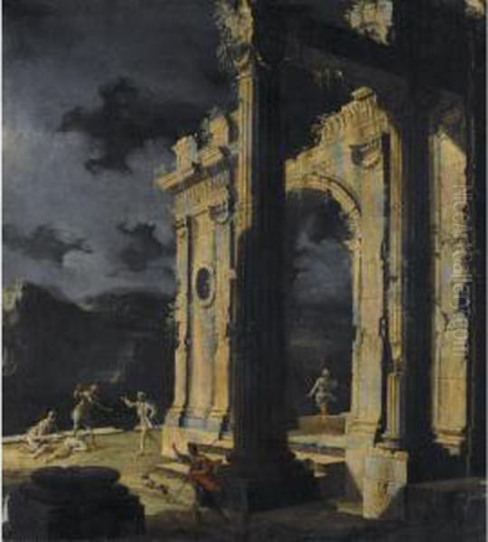 Architectural Capriccio With 
Figures Amongst Ruins Under A Stormy Night Sky Oil Painting by Leonardo Coccorant