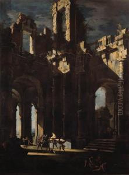 Classical Ruins With Banditti Oil Painting by Leonardo Coccorant