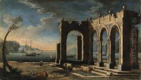 A Capriccio Of Architectural 
Ruins With A Dutch Frigate And Othershipping In A Bay Beyond Oil Painting by Leonardo Coccorant