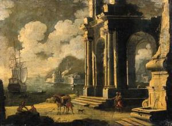 Un Loggiato Ionico Ed Una 
Fontana Presso Una Costa Mediterranea,con Un Borgo Fortificato, Un 
Galeone E Astanti Oil Painting by Leonardo Coccorant