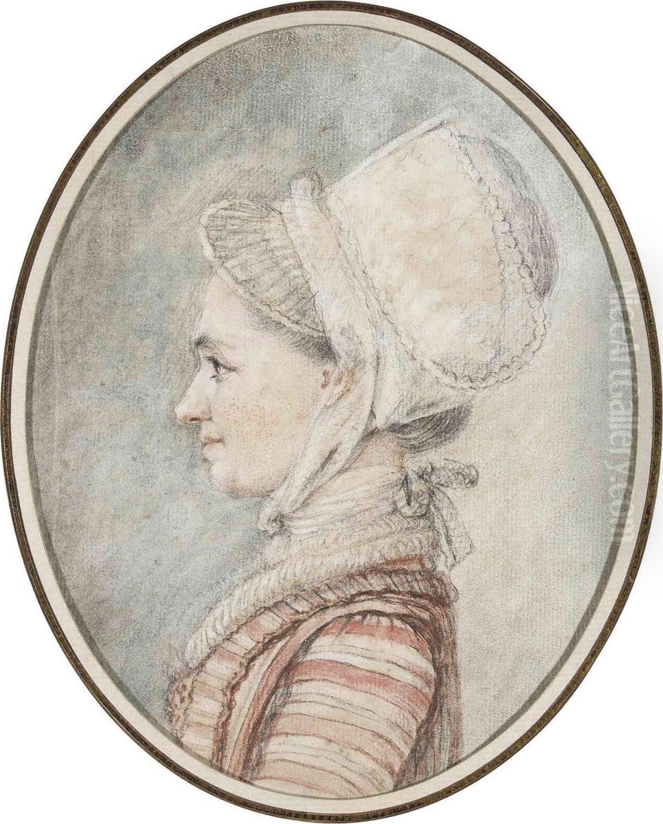 Portrait Of A Young Woman, 
Bust-length, In Profile To The Left, In A Bonnet And A Striped Gown Oil Painting by Charles-Nicolas I Cochin