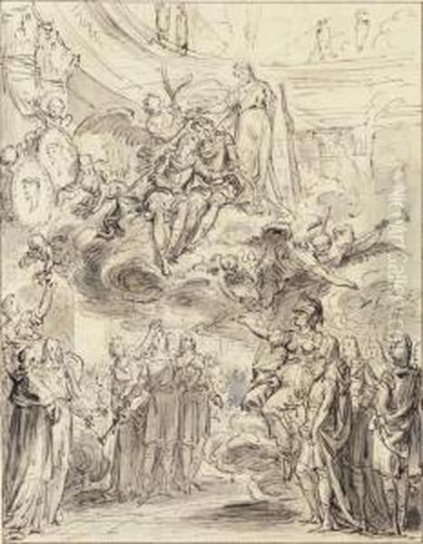 King Louis Xiv And The Dauphin 
Crowned By Glory And Immortality,and Acclaimed From Below By The 
Sciences, The Arts And The Frenchpeople Led By Minerva Oil Painting by Charles-Nicolas I Cochin