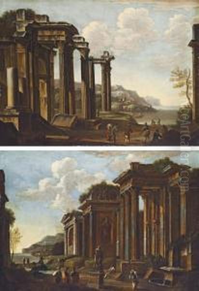 A Capriccio Of Classical Ruins 
Near The Coast, With Figures; And A Capriccio With Figures Amongst 
Classical Ruins Oil Painting by Nicolo Viviani Codazzi