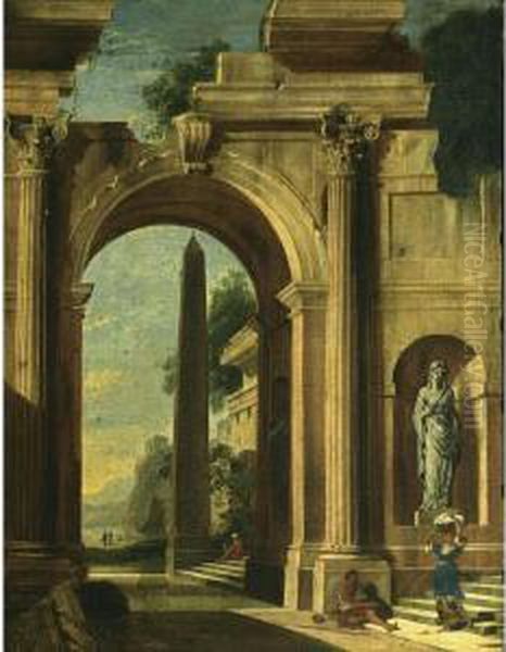 An Architectural Capriccio Of A 
Classical Building With An Obelisk, With A Beggar And A Washerwoman On 
The Stairs And A View Of A Temple Beyond Oil Painting by Nicolo Viviani Codazzi