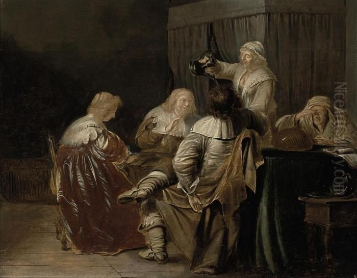 An Interior With Elegant Company Eating And Drinking Oil Painting by Pieter Codde