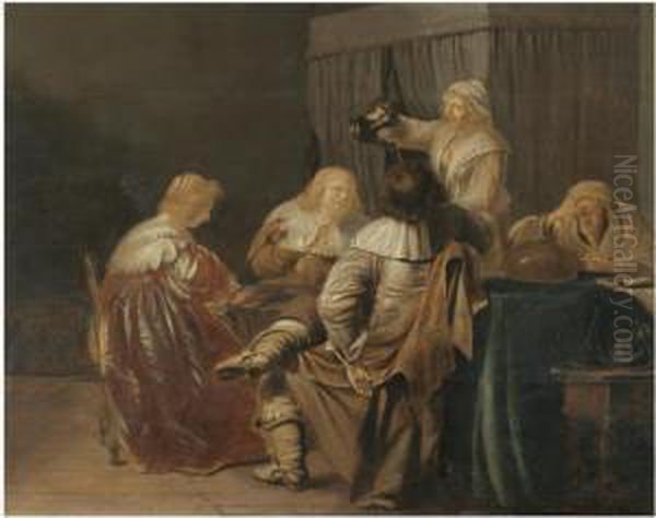 A Brothel Scene With Elegant 
Figures At A Table, A Maid Pouring Drinks And An Elderly Lady Counting 
Money Oil Painting by Pieter Codde