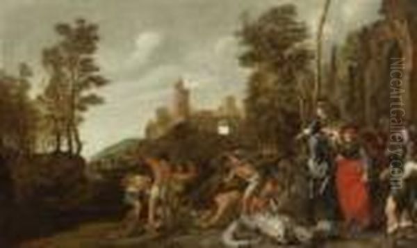 Konig Manasseh Lasst Vor Den Toren
 Jerusalems Die Gotzenbilder Zerstoren Oil Painting by Pieter Codde
