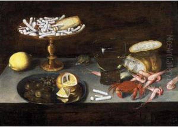Still Life Of Sweetmeats On A 
Gilt Tazza, A Lemon, A Pewter Plate With Olives, Capers And A Lemon, A 
Roemer, A Bread-roll, Shrimps And A Crab, Together With A Mouse, All 
Upon A Table-top Oil Painting by Francesco Codino