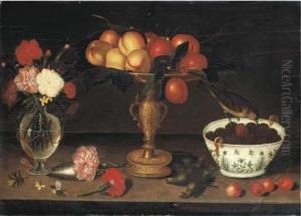 Peaches And Plums In A Tazza And
 A Finch Eating Blackberries From Aporcelain Bowl With Gilt Handles And A
 Facon-de-venise Vase Withcarnations And Wallflowers, On A Ledge With 
Cherries, Seedheads,pine Needles And A Butterfly Oil Painting by Francesco Codino