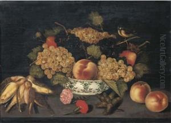Pears, A Peach And Grapes With A
 Bluetit In A Porcelain Bowl On Aledge With Dead Finches, Carnation 
Heads, Seedheads, Andpeaches Oil Painting by Francesco Codino