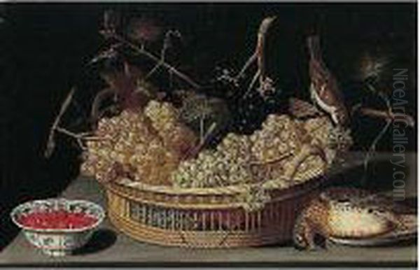 A Still Life Of A Basket Of 
Grapes, With A Sparrow And A Thrush And Fraises-de-bois In A 
Blue-and-white Porcelain Bowl Upon A Table Top Oil Painting by Francesco Codino