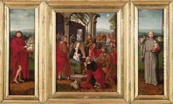 Triptychon. Mittelbild: Die
 Anbetung Der Konige. Innenseite Der Seitenflugel: Johannes Der
 Taufertriptychon. Mittelbild: Die
 Anbetung Der Konige. Innenseite Der Seitenflugel: Johannes Der
 Taufer Bzw. Der Hl. Antonius. Ausenseite Der
 Seitenflugel Oil Painting by Marcellus Coffermans