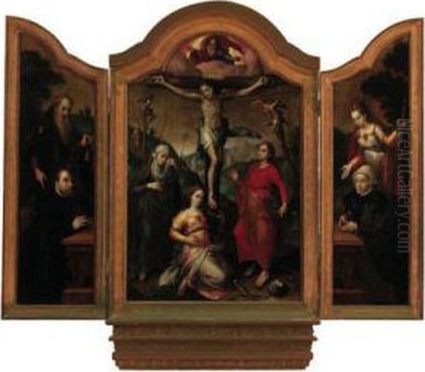 A Triptych: The Crucifixion With
 The Virgin, Mary Magdalene Andsaint John The Evangalist; The Left Wing:
 Saint Anthony Abbot Witha Male Donor; The Right Wing: Saint Catherine 
With A Femaledonor Oil Painting by Gillis Coignet