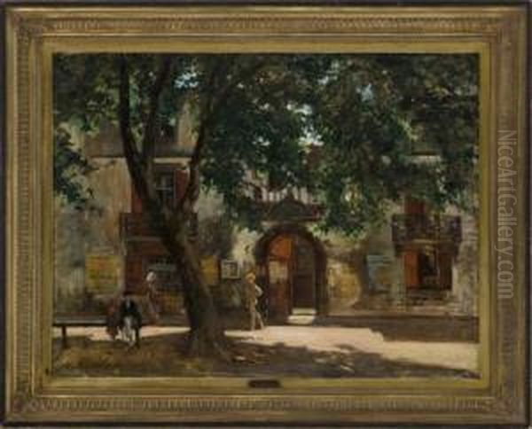 French Street Scene With Figures Sittingin Shade. Oil Painting by Gustave Colin