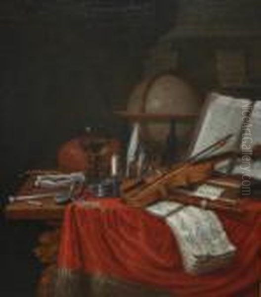 Musical Instruments, Watch, 
Roemer Of Wine, Globe, Open Book And Clay Pipe On A Cloth Covered Table Oil Painting by Edwart Collier