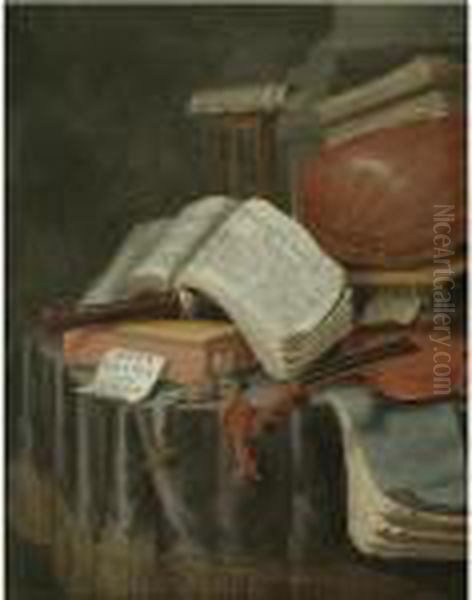 A Vanitas Still Life With Books 
And Manuscripts, A Recorder, A Lute, A Violin, An Hourglass And A 
Compass, All On A Draped Table Oil Painting by Edwart Collier
