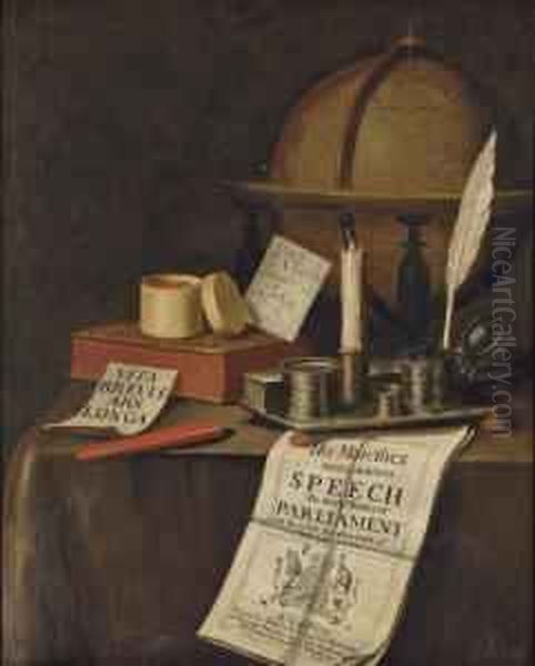 A Vanitas Still-life With A 
Globe, An Inkstand, A Candle, A Pot Of Seals, A Book And A Manuscript On
 A Draped Table Oil Painting by Edwart Collier
