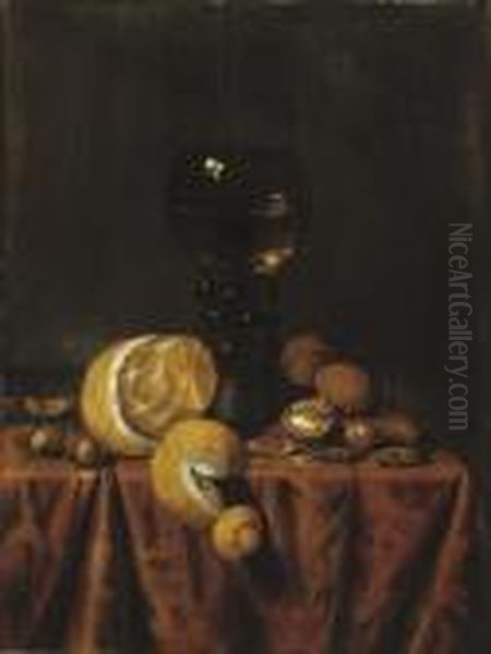 A 'roemer' Of White Wine, A 
Partially Peeled Lemon, Walnuts And Hazelnuts, All On A Draped Table Oil Painting by Edwart Collier