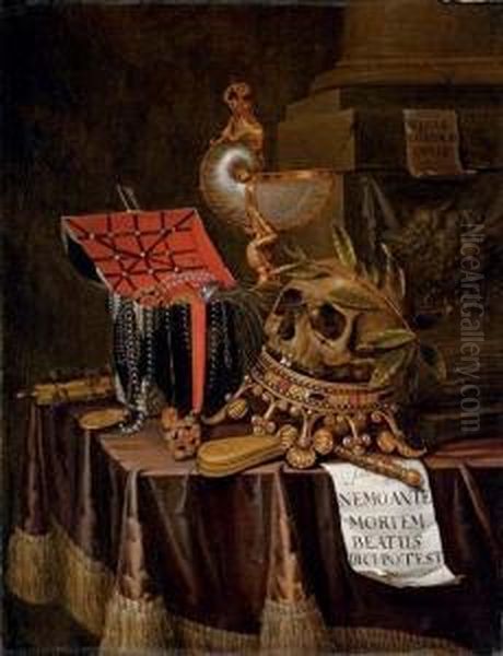 A Vanitas Still-life With A 
Chest Of Jewels, A Nautilus Cup, An Upturned Crown And A Skull Resting 
On The Top With A Note \'nemoante Mortem Beatus Dici.potest\', And Other
 Objects On A Draped Table Oil Painting by Edwart Collier