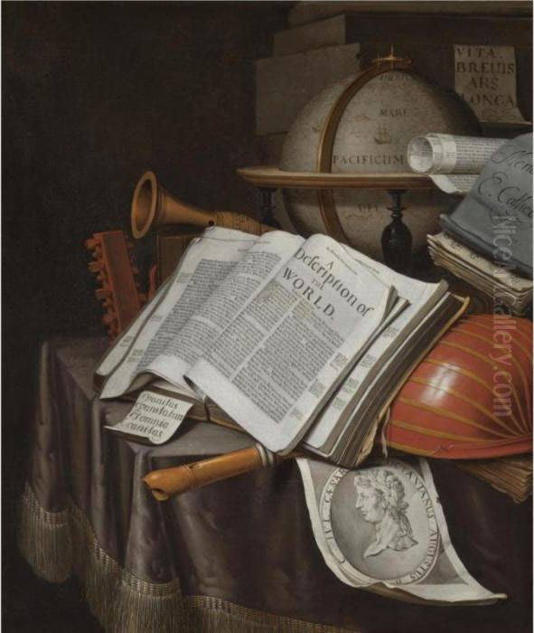A Vanitas Still Life With A 
Globe And An Atlas Open On Draped Table Along With A Lute And An 
Engraving Of Caesar Octavianus Augustus Oil Painting by Edwart Collier