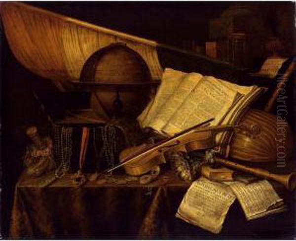 A Vanitas Still Life With Books
 And Leaflets, A Globe, A Princely Flag, A Musical Score, Musical 
Instruments, A Jewellery Box, An Hourglass, All On A Draped Table 
Together With A Silver Tazza, Coins, A Watch, And A Purse Oil Painting by Edwart Collier