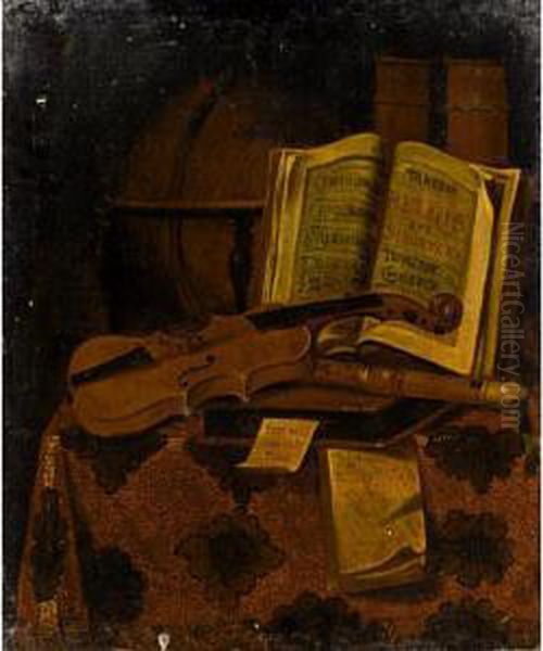 Still Life With A Violin, A Recorder, A Globe And Books On A Table Draped With A Carpet Oil Painting by Edwart Collier