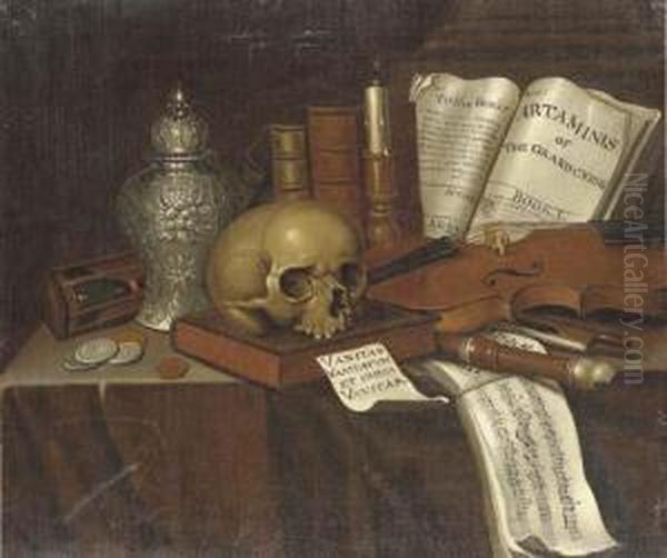A Vanitas Still Life With Coins,
 Overturned Hour-glass, Urn, Skull,candle, Books, Musical Instruments 
And A Score On A Table Oil Painting by Edwart Collier