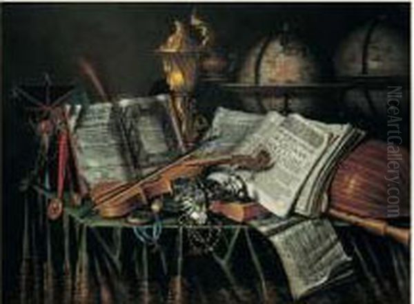 Nature Morte Aux Globes 
Terrestres Et Celestes, Instruments De Musique Et Pieces D'orfevrerie Oil Painting by Edwart Collier