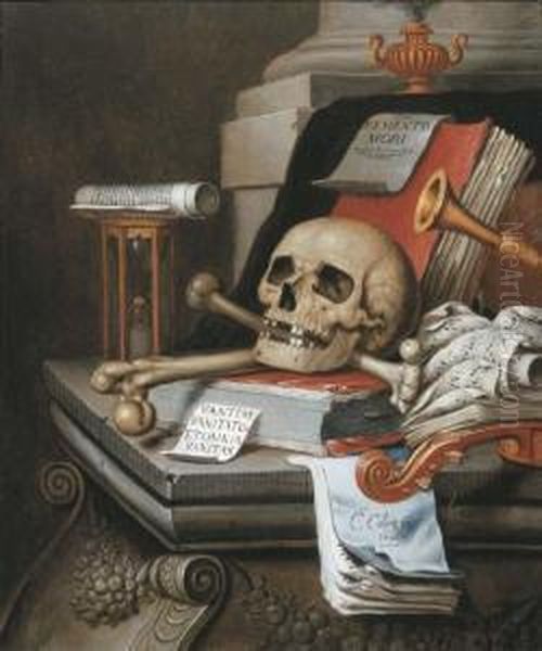 A Vanitas Still Life With An 
Hour Glass, A Skull And Crossbones, Ascroll, Two Books, Music Scores, A 
Flute, A Violin, A Sheet Ofpaper Inscribed 'memento Mori ...', An 
Incense Burner, Anothersheet Of Paper Inscribed 'vanitas Vanitatum 
Etomnia Vanit Oil Painting by Edwart Collier
