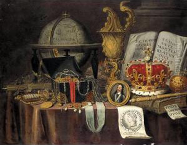 A Vanitas Still Life Of Court 
Jewels In A Casket, A Globe, Sword And A Miniature Portrait Of Charles 
I, Arranged Upon A Cloth-covered Table Oil Painting by Edwart Collier