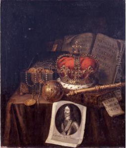 A Vanitas Still Life Of A Crown,
 An Orb, A Sceptre, A Casket Of Coins And Jewels, Together With Books 
And An Engraving Of Charles I Of England, All Arranged On A Draped Table Oil Painting by Edwart Collier