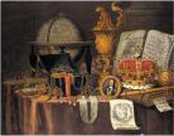 An Allegory Of Wealth And 
Temporal Power: A Vanitas Still Life Of Court Jewels In A Casket, A 
Globe, Sword, And A Miniature Portrait Of Charles I, All Resting On A 
Cloth-covered Table Oil Painting by Edwart Collier