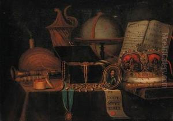 A Vanitas Still Life With A 
Globe, Crown, Sword, Jewel Casket, Anopen Book And A Miniature Of King 
Charles I Oil Painting by Edwart Collier